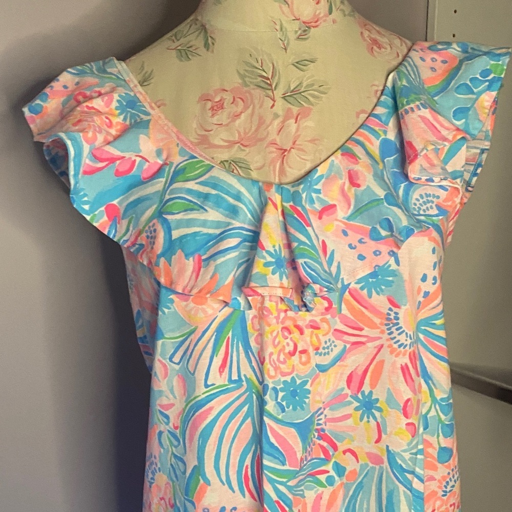 Lilly Pulitzer Ruffle-Neck Mini Dress in Coral, Aqua & Pink - Picture 2 of 10